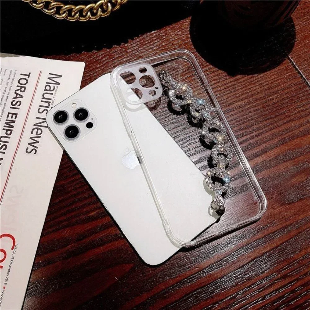 Fashion Luxury Clear Diamond Chain Wristband Antifall Soft Case IPhone 14 MaxPro